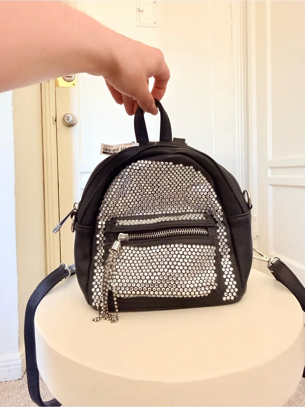 ALDO Black Mini Backpack with Silver Rhinestone Panels